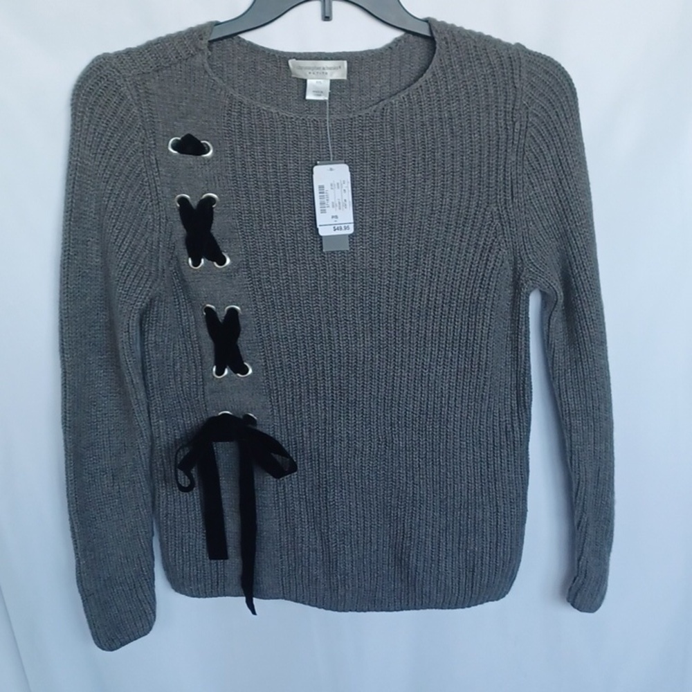 Christopher & Banks Sweater PS Gray Knit Criss Cross Tie Ribbon, 18"PTP, 23"L